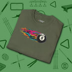 Eight Ball Streak Pool T-Shirt, in Military Green color, billiards shirt, folded view