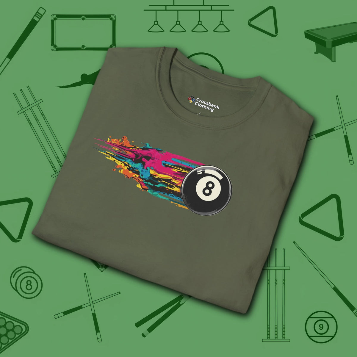Eight Ball Streak Pool T-Shirt, in Military Green color, billiards shirt, folded view