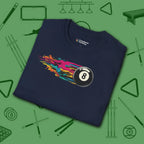 Eight Ball Streak Pool T-Shirt, in Navy color, billiards shirt, folded view