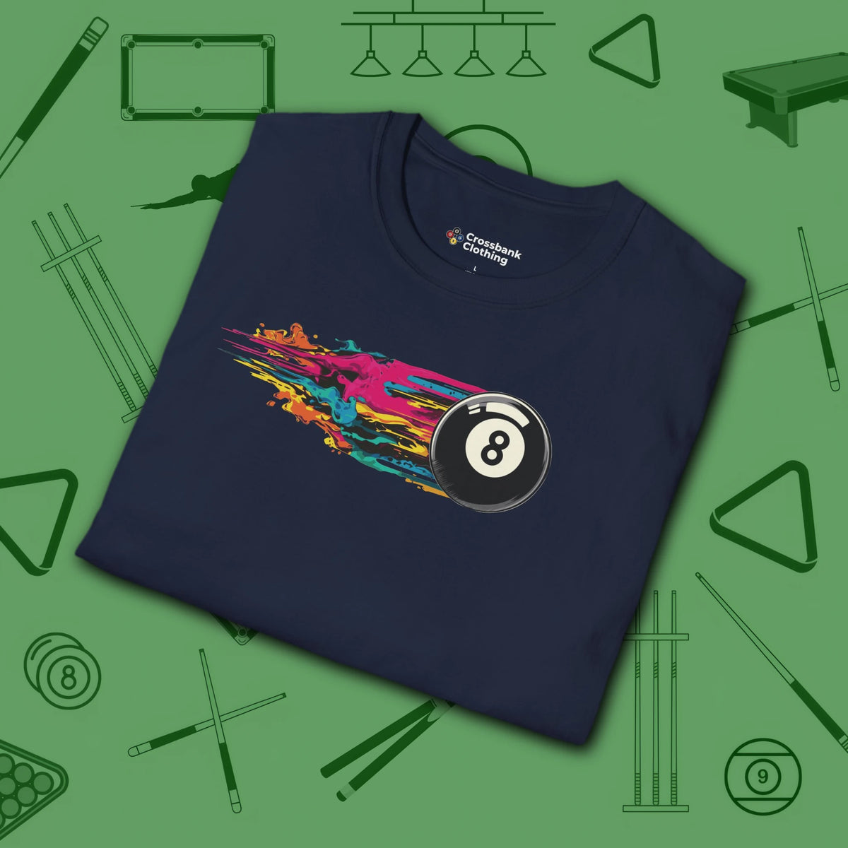 Eight Ball Streak Pool T-Shirt, in Navy color, billiards shirt, folded view