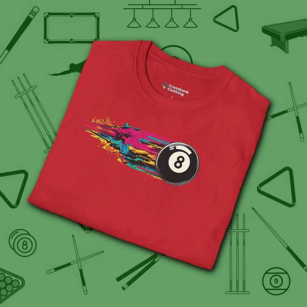 Eight Ball Streak Pool T-Shirt, in Red color, billiards shirt, folded view