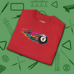 Eight Ball Streak Pool T-Shirt, in Red color, billiards shirt, folded view