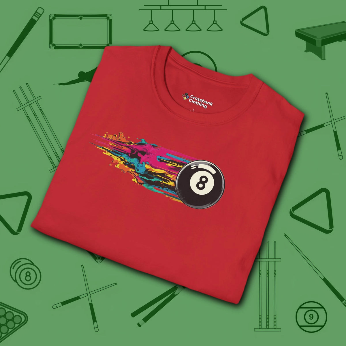 Eight Ball Streak Pool T-Shirt, in Red color, billiards shirt, folded view