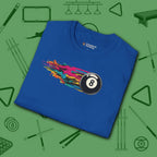 Eight Ball Streak Pool T-Shirt, in Royal color, billiards shirt, folded view