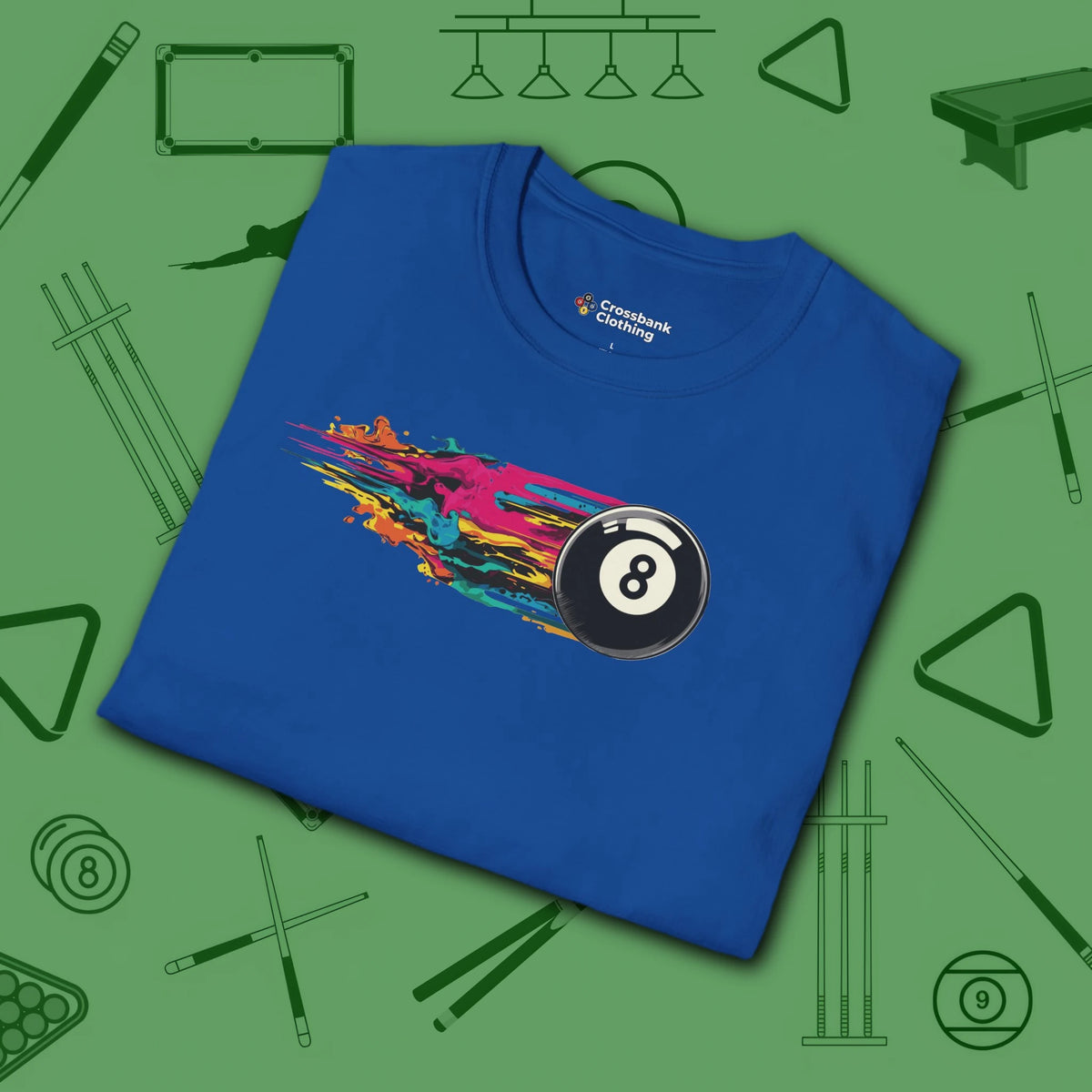 Eight Ball Streak Pool T-Shirt, in Royal color, billiards shirt, folded view