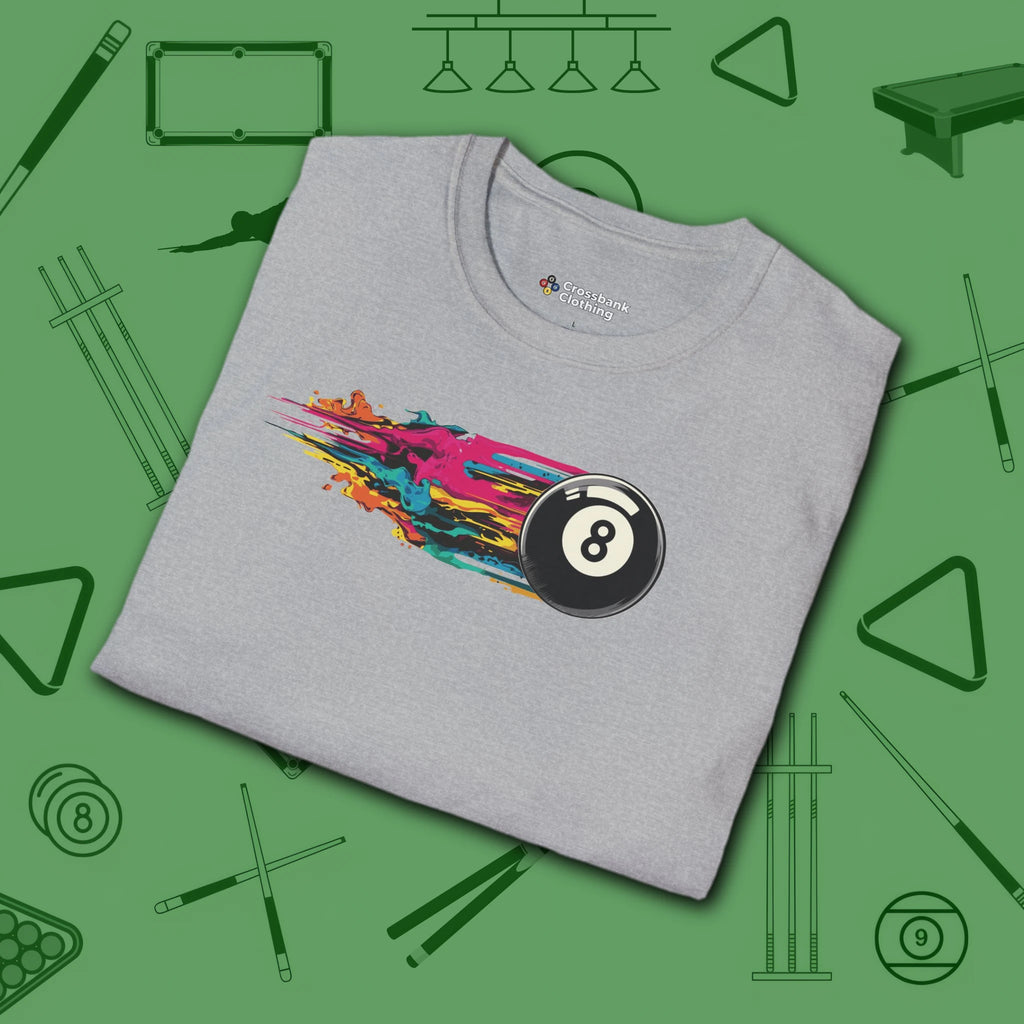 Eight Ball Streak Pool T-Shirt, in Sport Grey color, billiards shirt, folded view