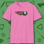 Eight Ball Streak Pool T-Shirt, in Azalea color, billiards shirt, front view
