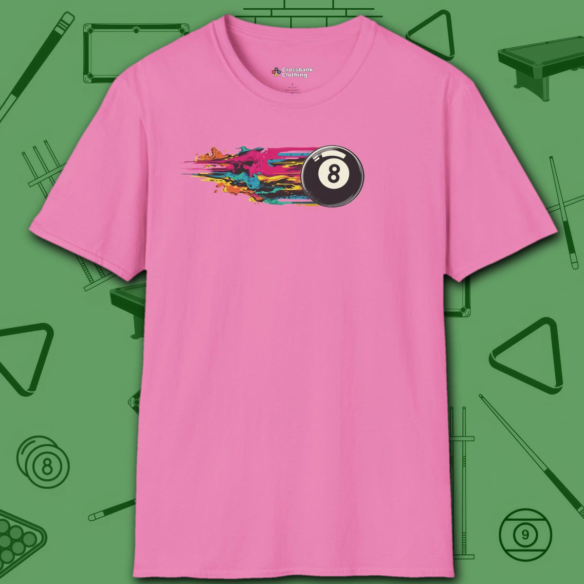 Eight Ball Streak Pool T-Shirt, in Azalea color, billiards shirt, front view