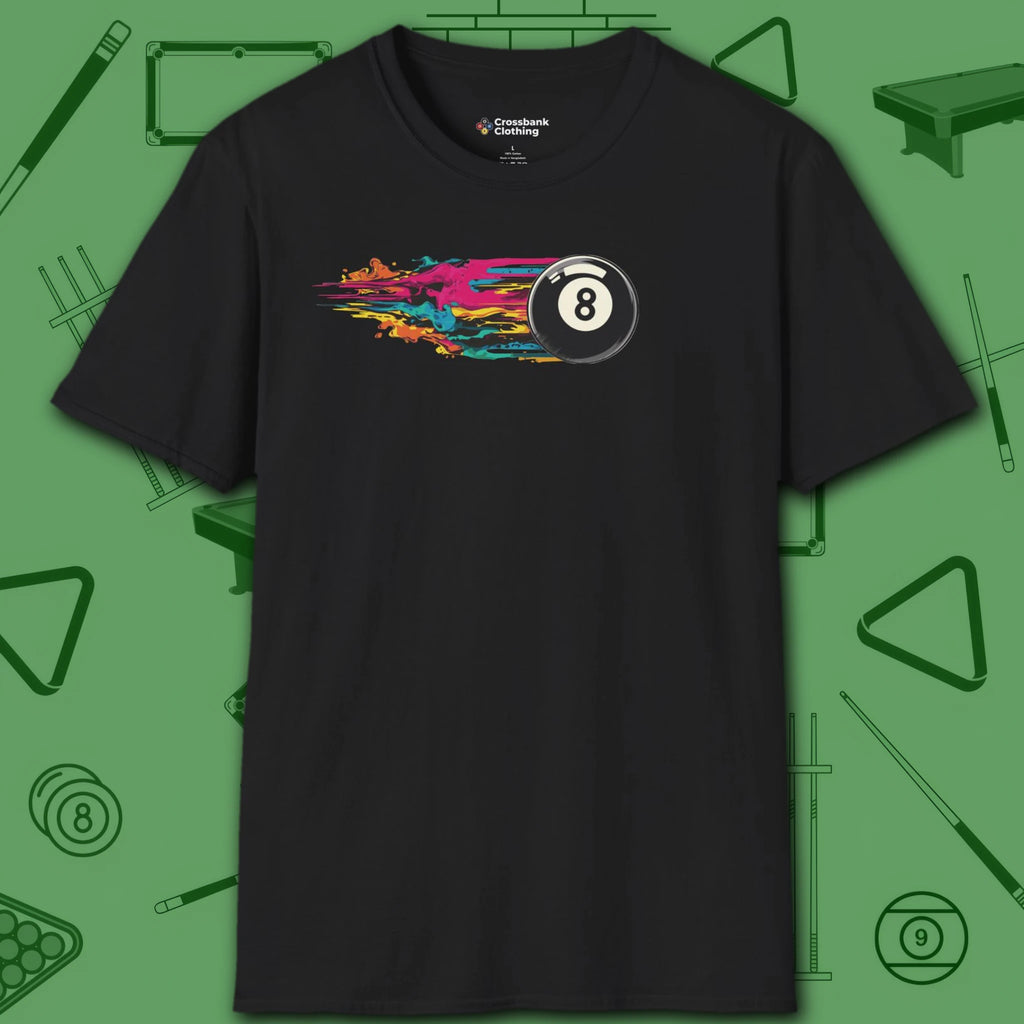 Eight Ball Streak Pool T-Shirt, in Black color, billiards shirt, front view