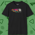 Eight Ball Streak Pool T-Shirt, in Black color, billiards shirt, front view
