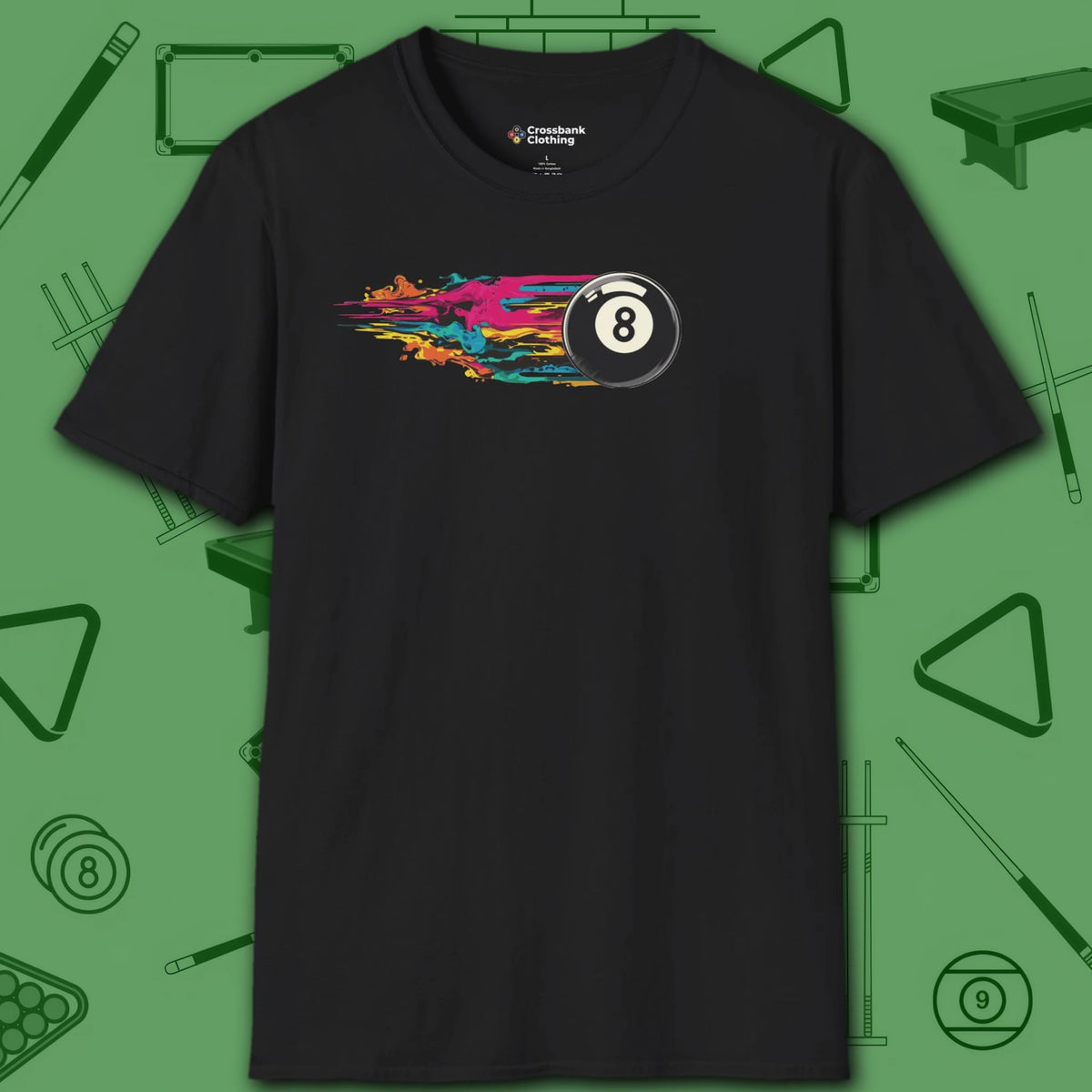 Eight Ball Streak Pool T-Shirt, in Black color, billiards shirt, front view