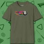 Eight Ball Streak Pool T-Shirt, in Military Green color, billiards shirt, front view