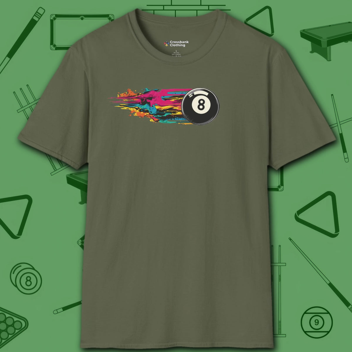 Eight Ball Streak Pool T-Shirt, in Military Green color, billiards shirt, front view