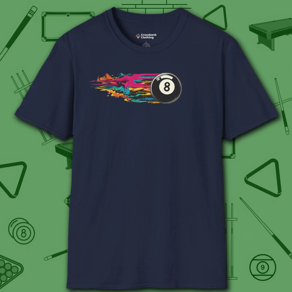 Eight Ball Streak Pool T-Shirt, in Navy color, billiards shirt, front view