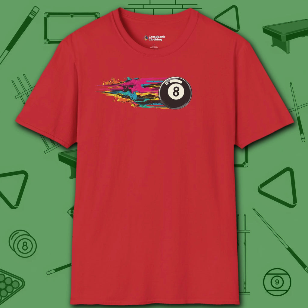 Eight Ball Streak Pool T-Shirt, in Red color, billiards shirt, front view