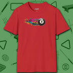 Eight Ball Streak Pool T-Shirt, in Red color, billiards shirt, front view