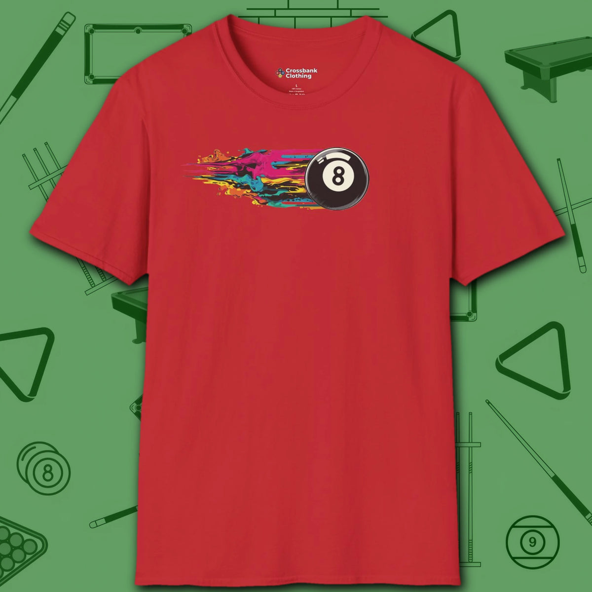 Eight Ball Streak Pool T-Shirt, in Red color, billiards shirt, front view