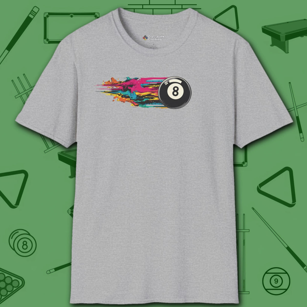 Eight Ball Streak Pool T-Shirt, in Sport Grey color, billiards shirt, front view