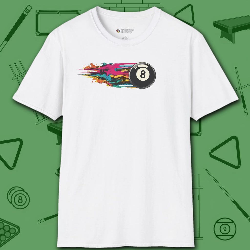 Eight Ball Streak Pool T-Shirt, in White color, billiards shirt, front view