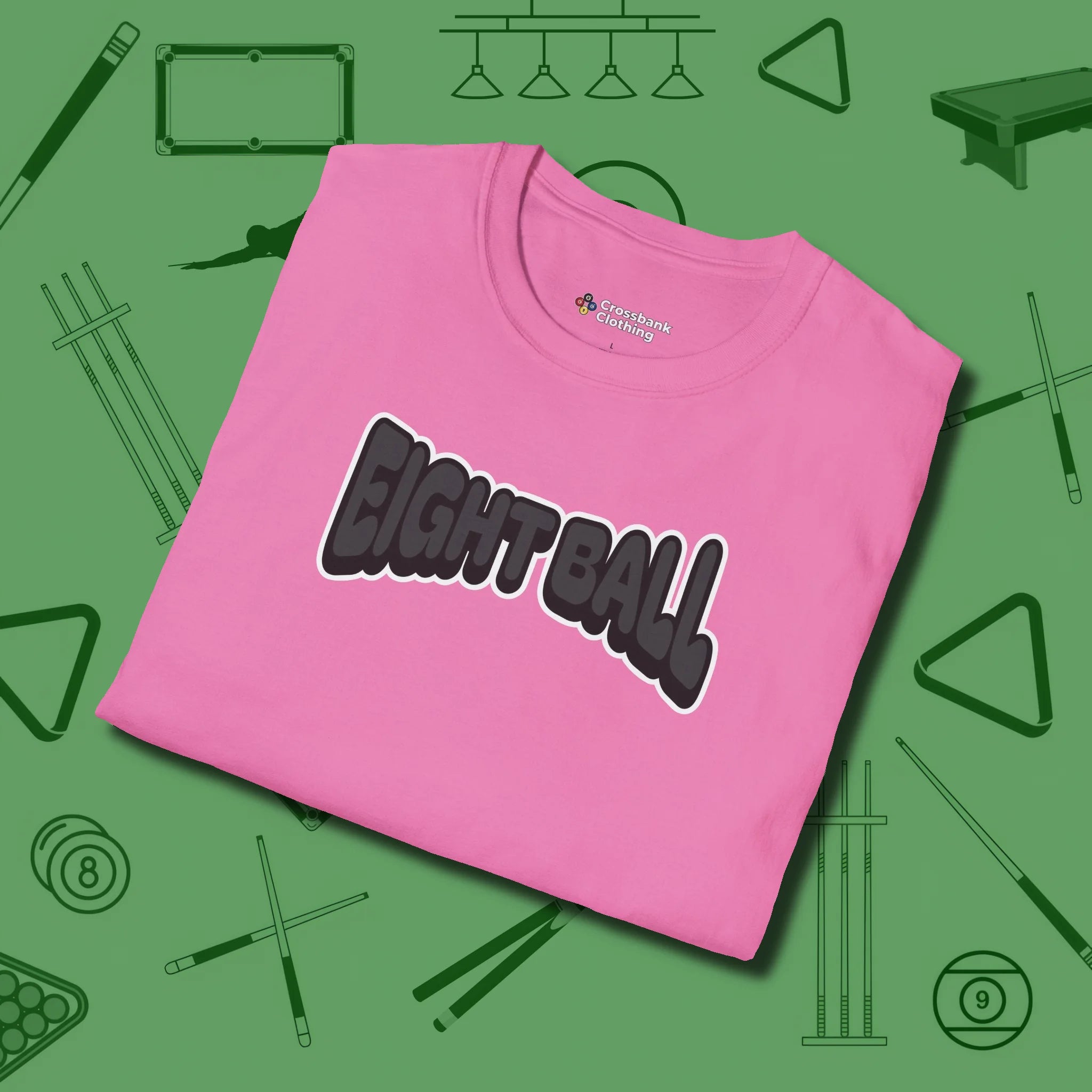 Eight Ball Letters T-Shirt, folded view, in Azalea because pool isn’t just a game — it’s who you are