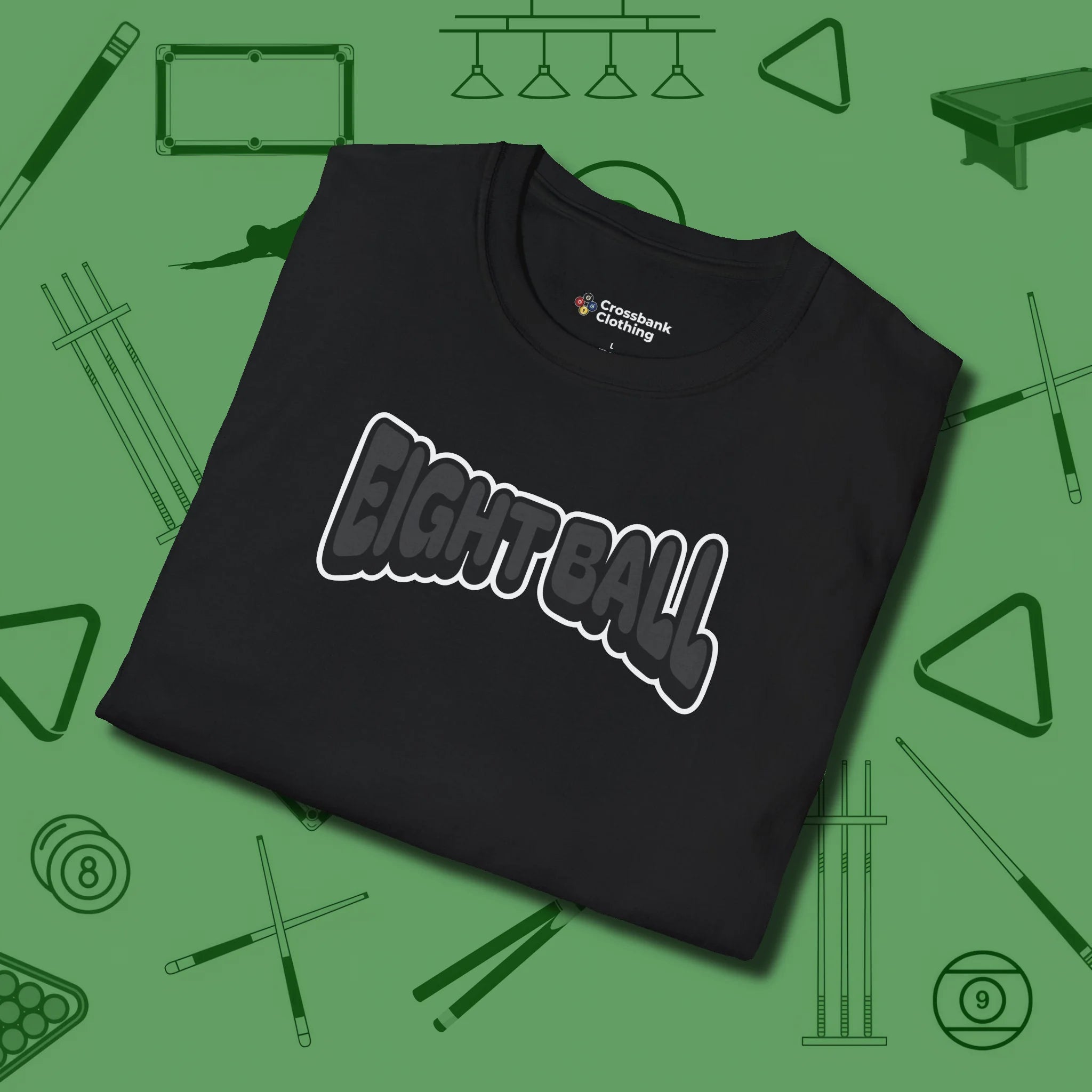 Eight Ball Letters T-Shirt, folded view, in Black tough like your favorite break cue
