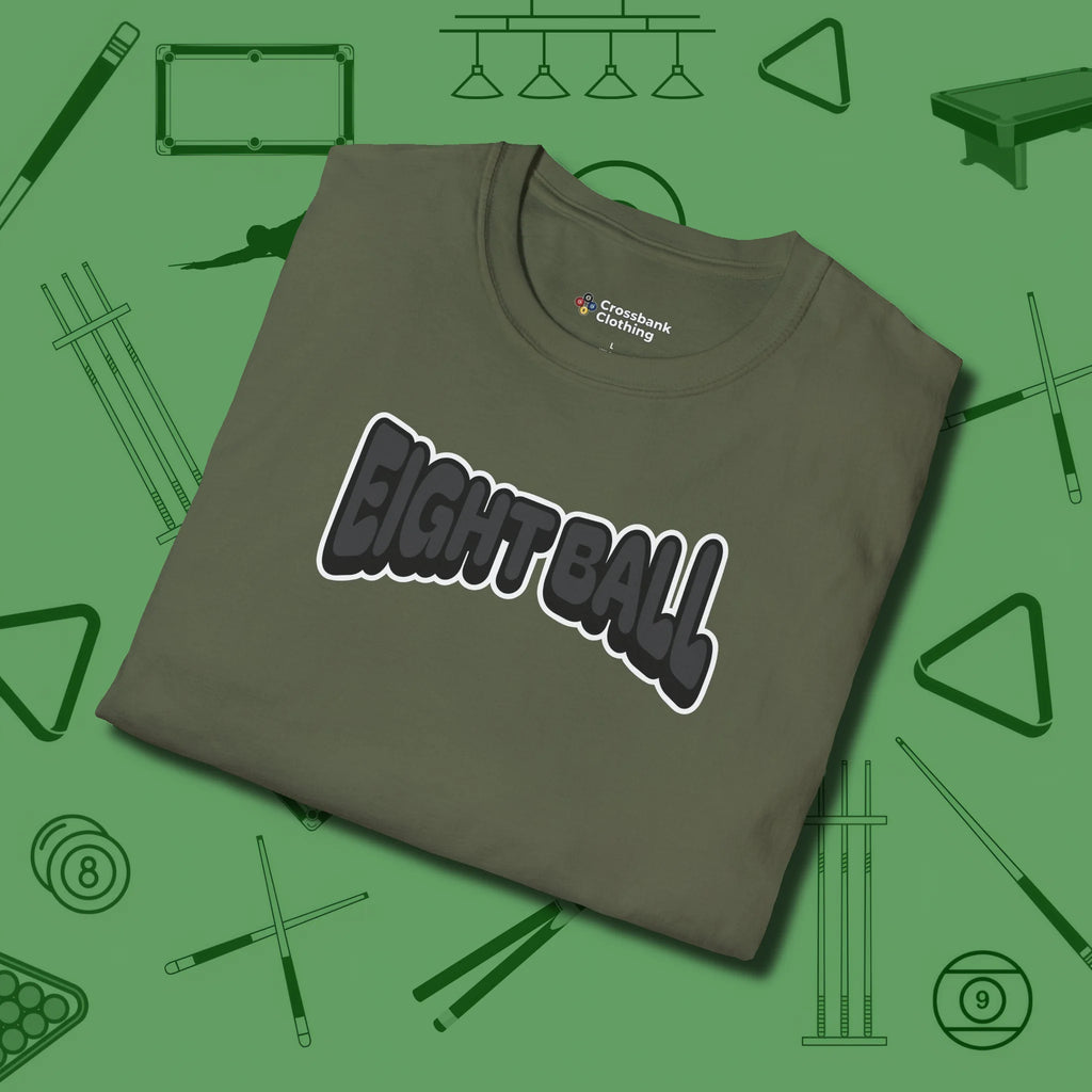 Eight Ball Letters T-Shirt, folded view, in Military Green table-tested, street-approved style