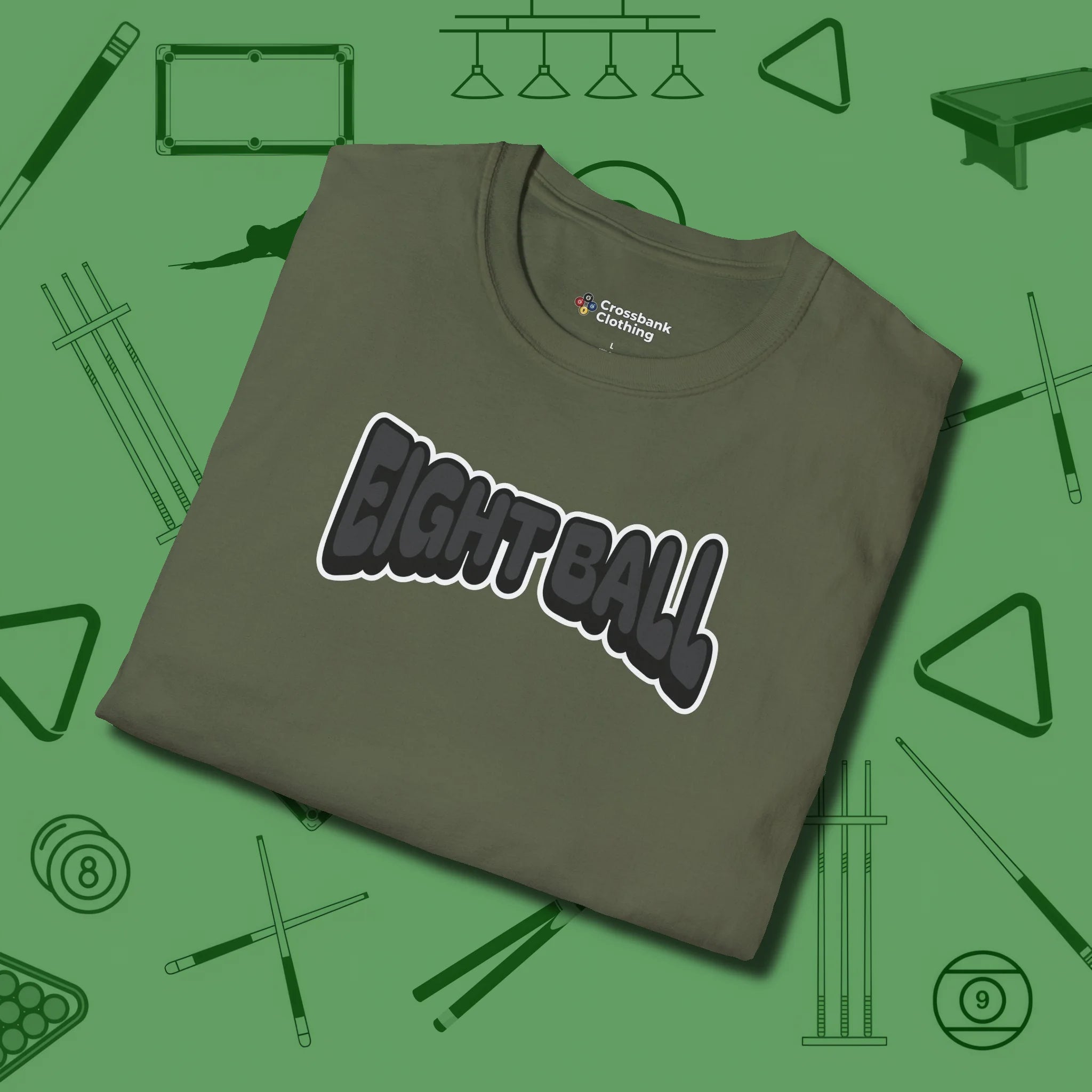 Eight Ball Letters T-Shirt, folded view, in Military Green table-tested, street-approved style