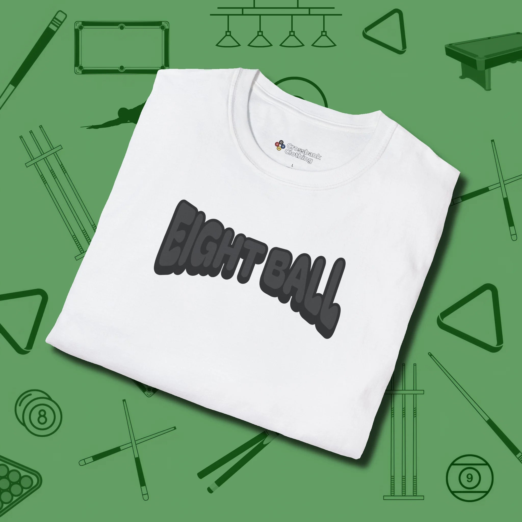 Eight Ball Letters T-Shirt, folded view, in White because you don’t just play — you represent