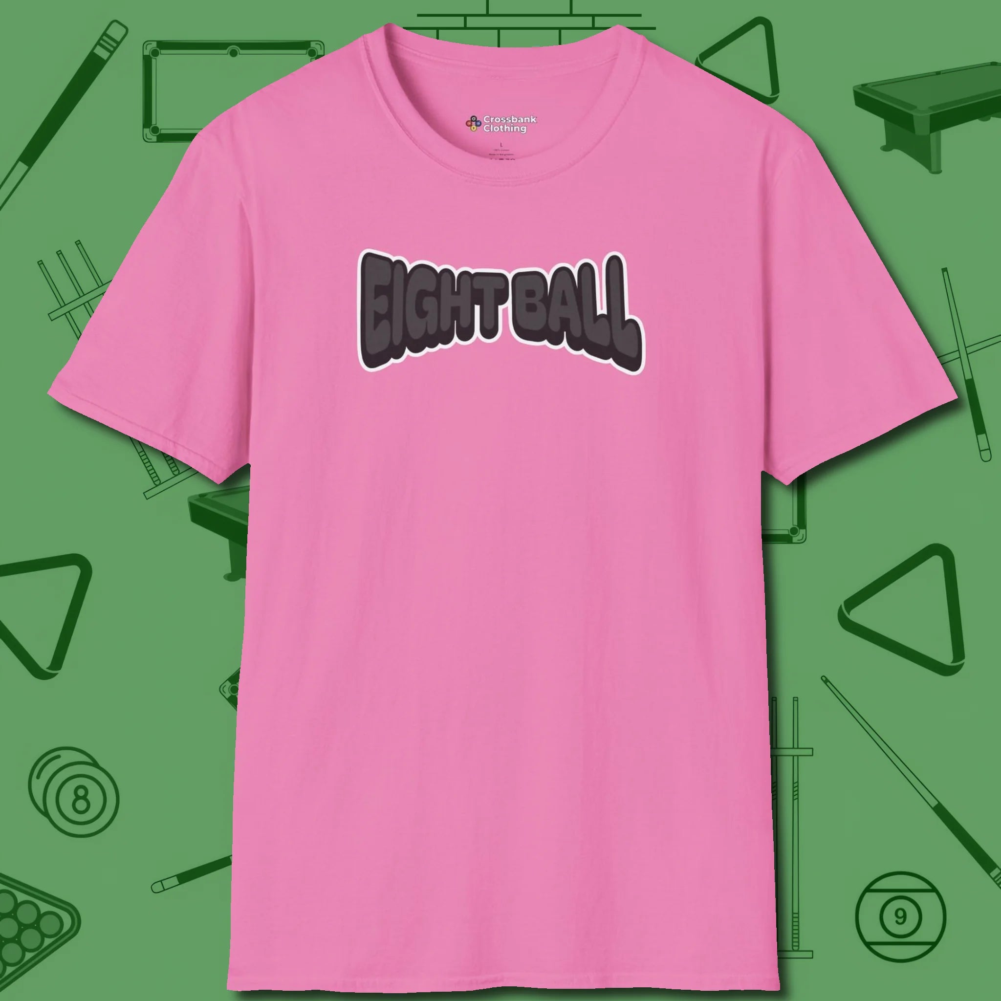 Eight Ball Letters T-Shirt, front view, in Azalea because you don’t just play — you represent