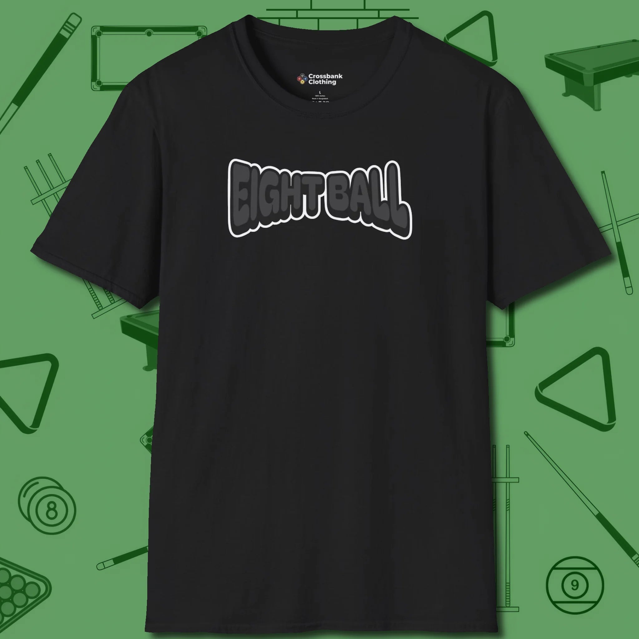 Eight Ball Letters T-Shirt, front view, in Black an extension of your pool persona