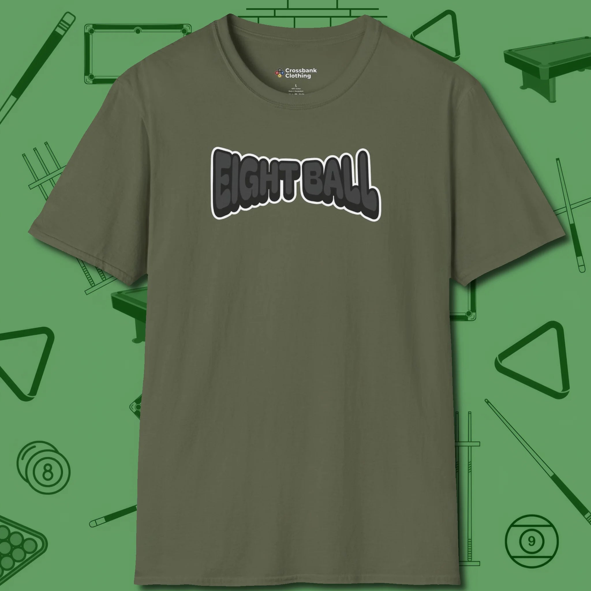 Eight Ball Letters T-Shirt, front view, in Military Green tough like your favorite break cue