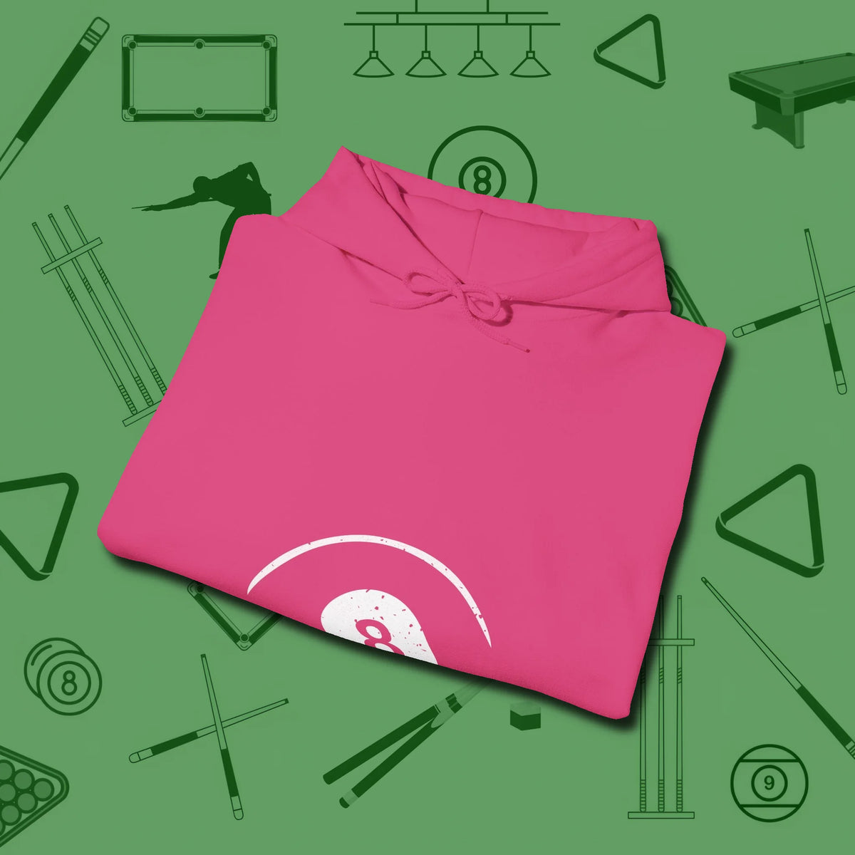 Eight Ball Tummy Hoodie, folded view, in Heliconia for hustlers who keep it honest