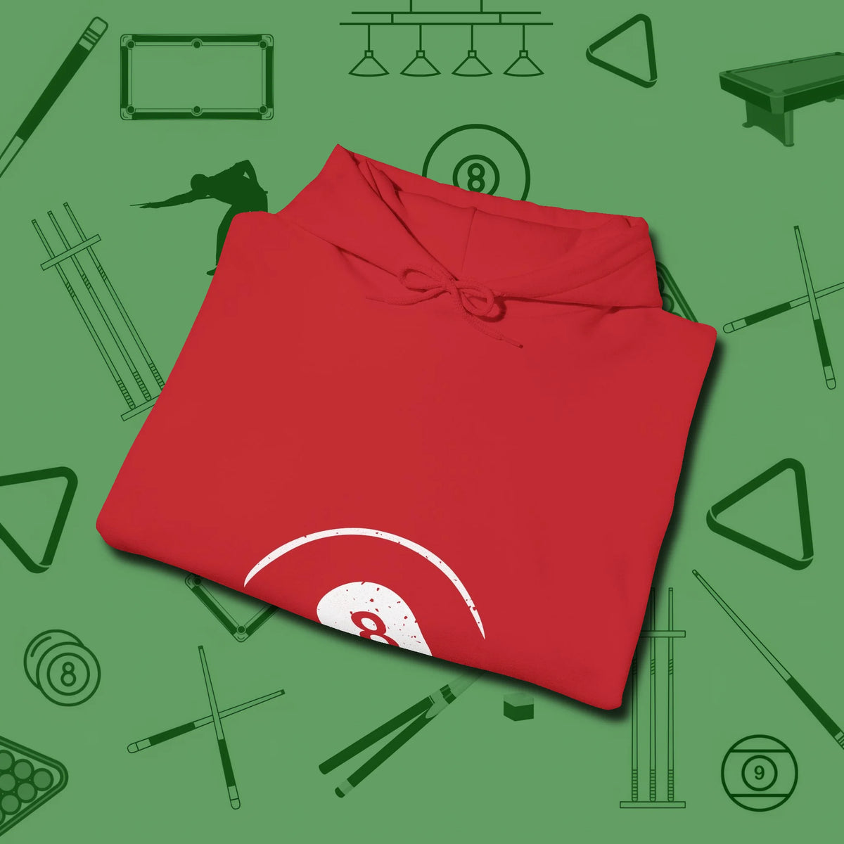 Eight Ball Tummy Hoodie, folded view, in Red tough like your favorite break cue