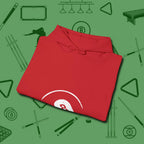 Eight Ball Tummy Hoodie, folded view, in Red tough like your favorite break cue