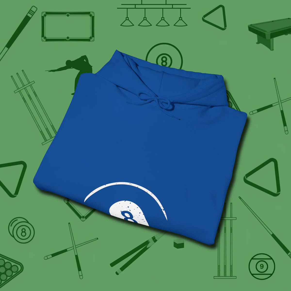 Eight Ball Tummy Hoodie, folded view, in Royal an extension of your pool persona