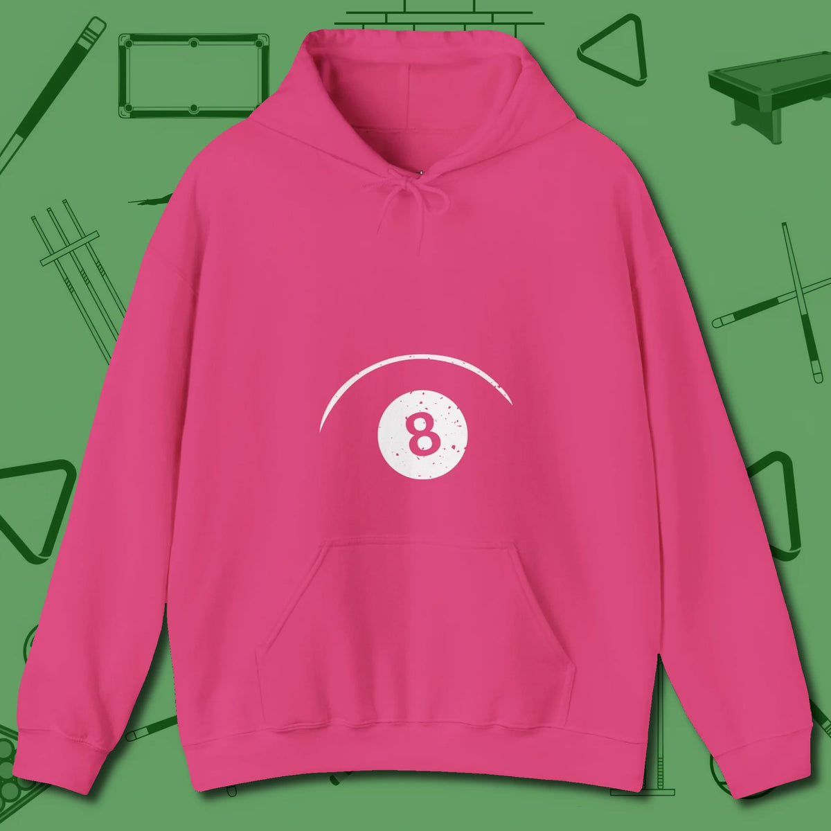 Eight Ball Tummy Hoodie, front view, in Heliconia for players who live the game