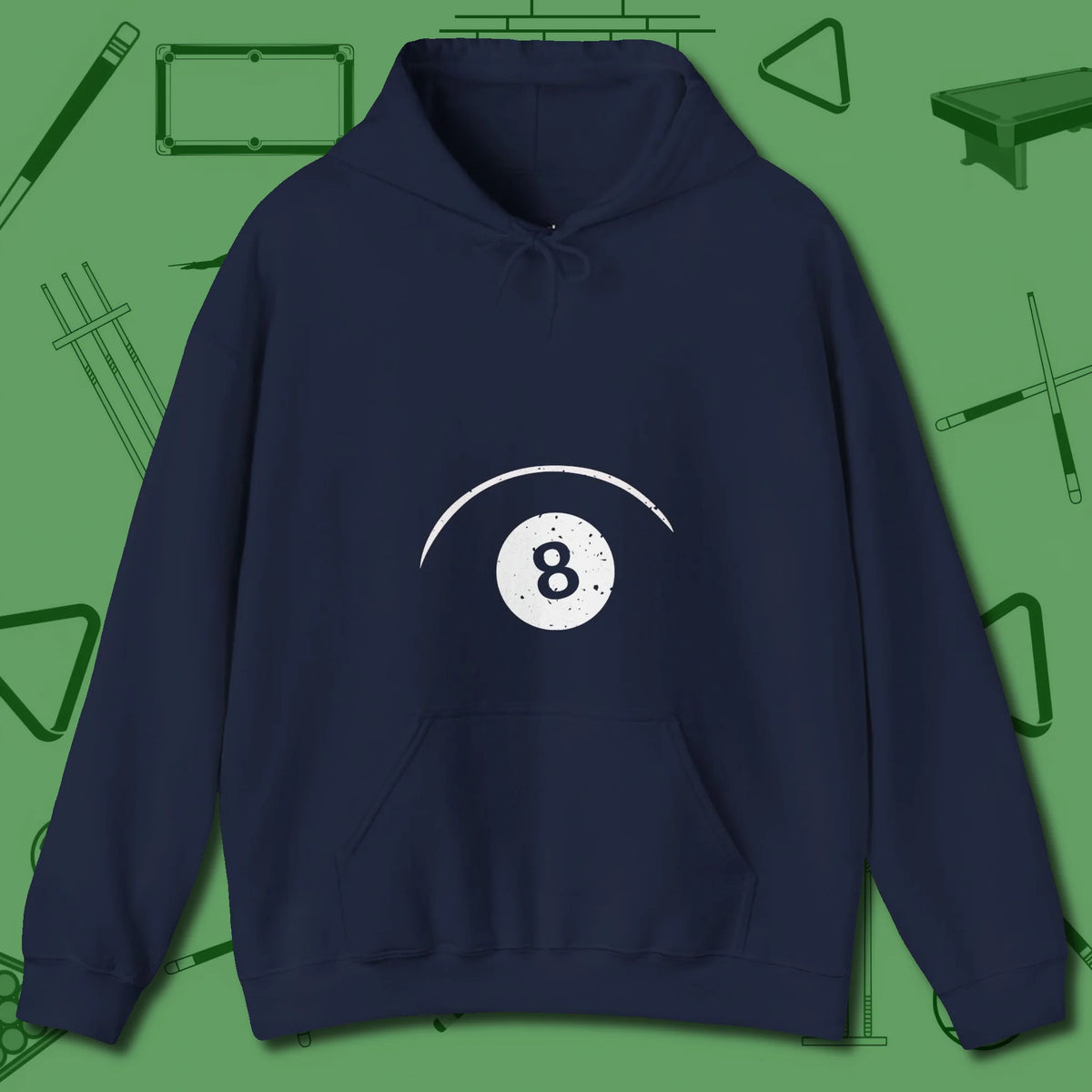 Eight Ball Tummy Hoodie, front view, in Navy as serious as your stroke