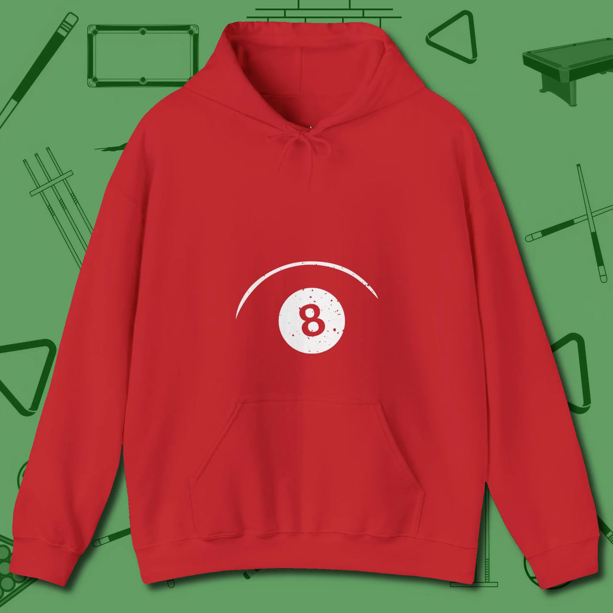 Eight Ball Tummy Hoodie, front view, in Red smart apparel for strategic players