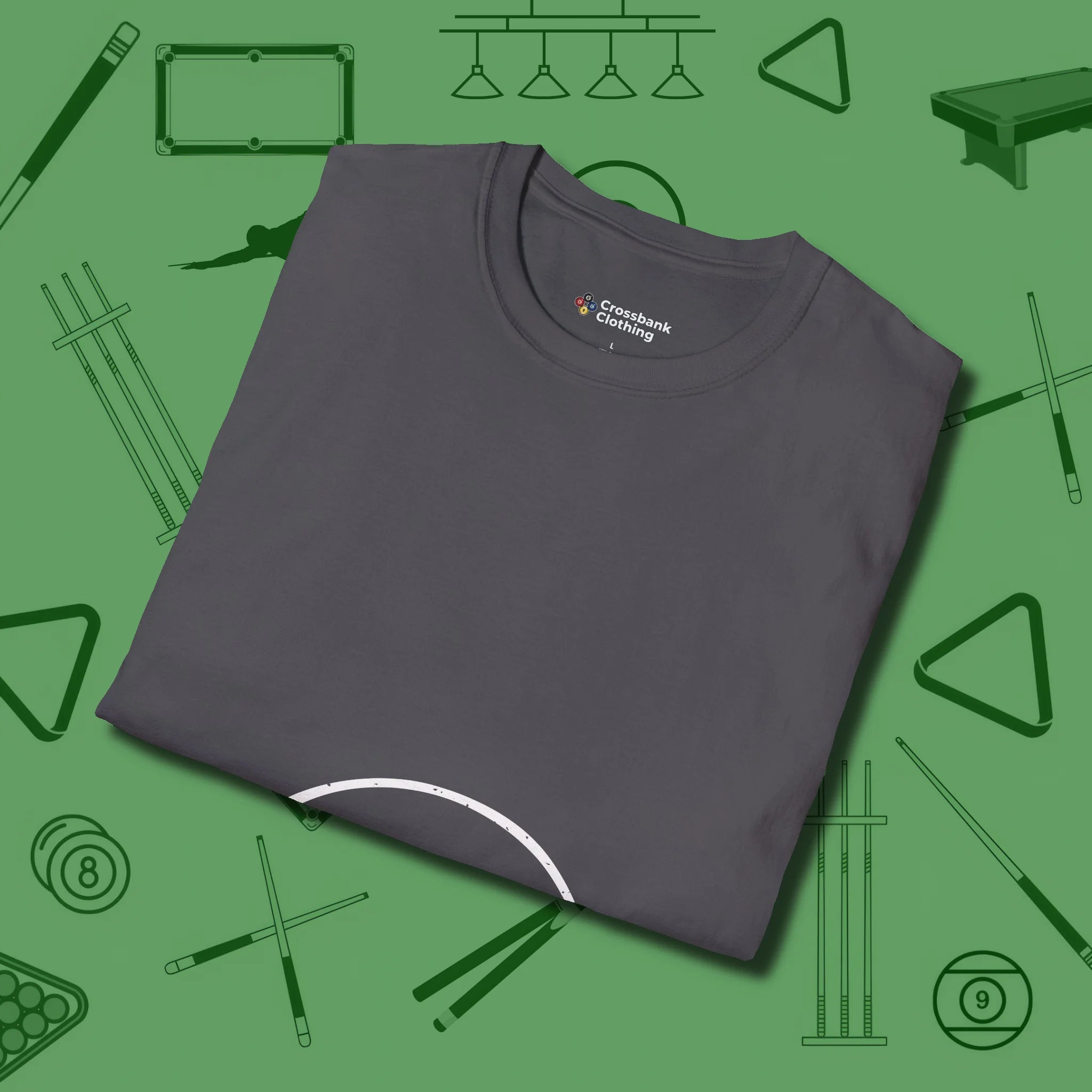 Eight Ball Tummy T-Shirt, folded view, in Charcoal where style and cue discipline collide