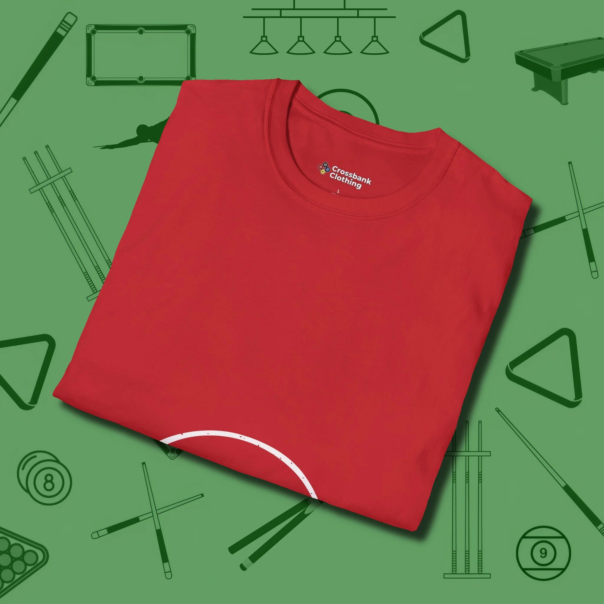 Eight Ball Tummy T-Shirt, folded view, in Red made for pool sharks, not posers