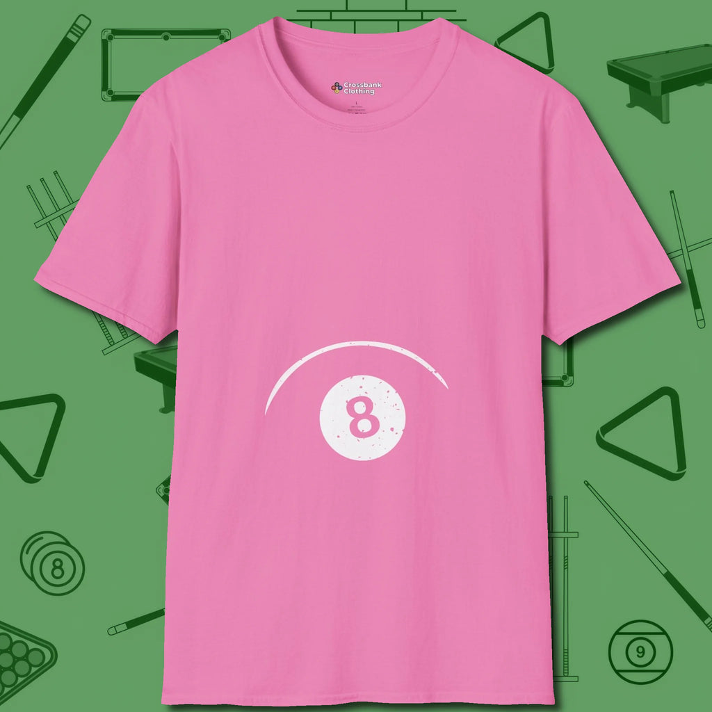 Eight Ball Tummy T-Shirt, front view, in Azalea clean lines for dirty minds