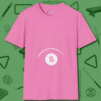 Eight Ball Tummy T-Shirt, front view, in Azalea clean lines for dirty minds