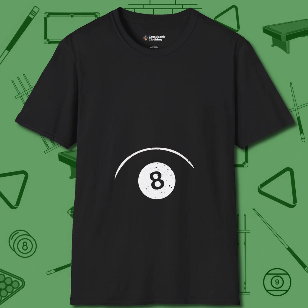 Eight Ball Tummy T-Shirt, front view, in Black confidence stitched in every seam
