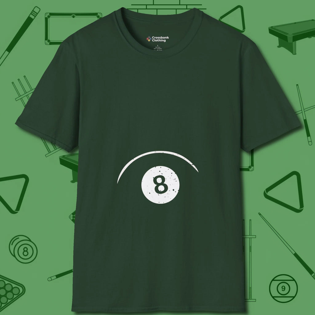 Eight Ball Tummy T-Shirt, front view, in Forest Green for shooters who dress like they play: sharp