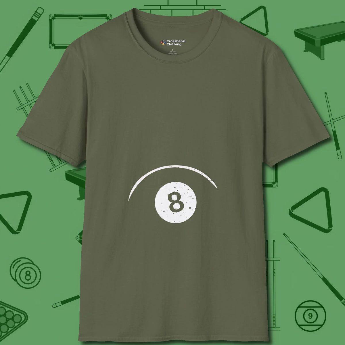 Eight Ball Tummy T-Shirt, front view, in Military Green precise, confident, always in control