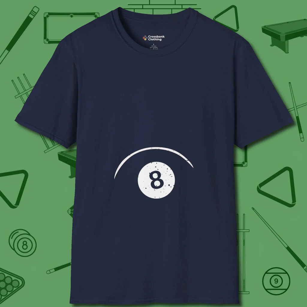 Eight Ball Tummy T-Shirt, front view, in Navy perfect for players with quiet fire