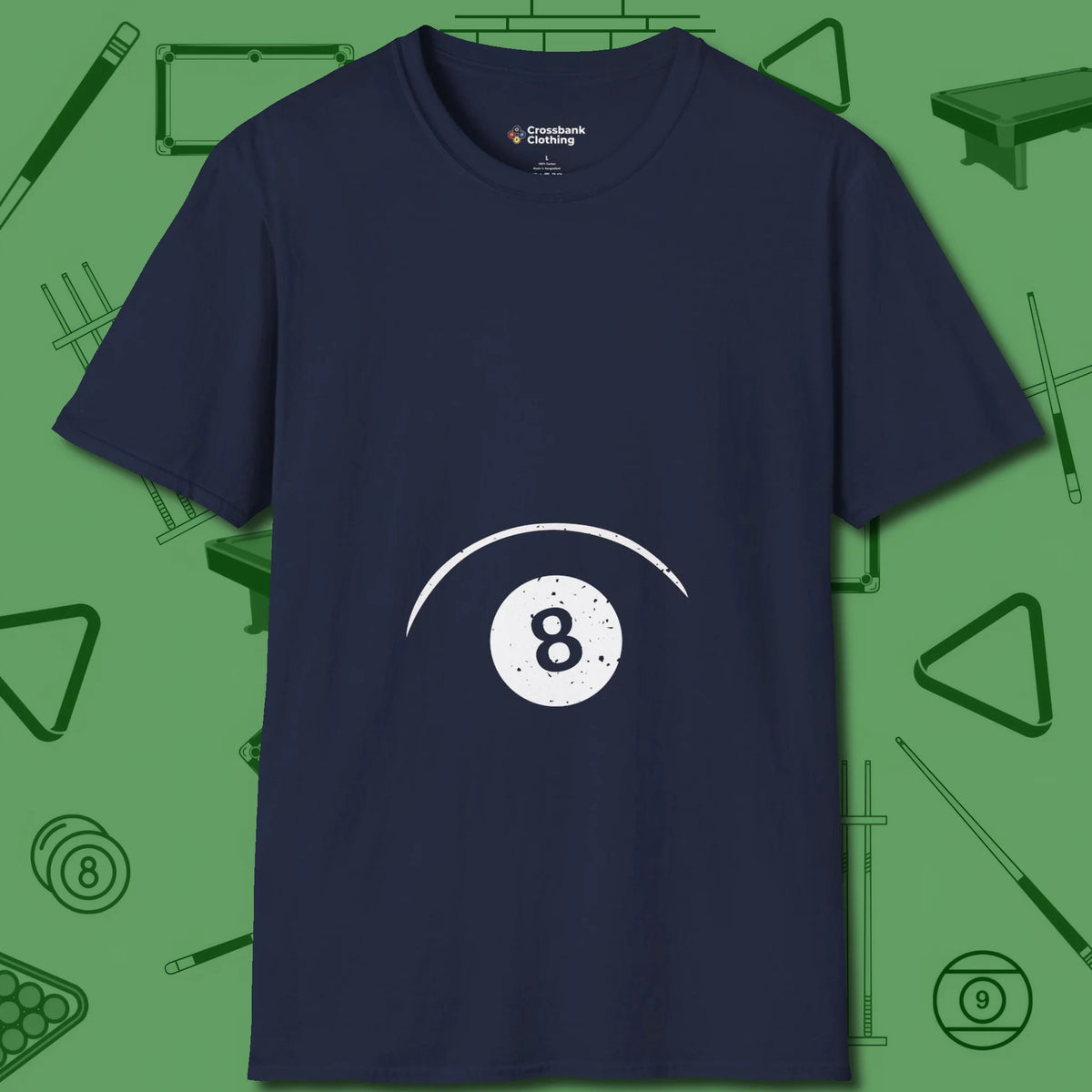Eight Ball Tummy T-Shirt, front view, in Navy perfect for players with quiet fire
