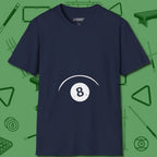 Eight Ball Tummy T-Shirt, front view, in Navy perfect for players with quiet fire