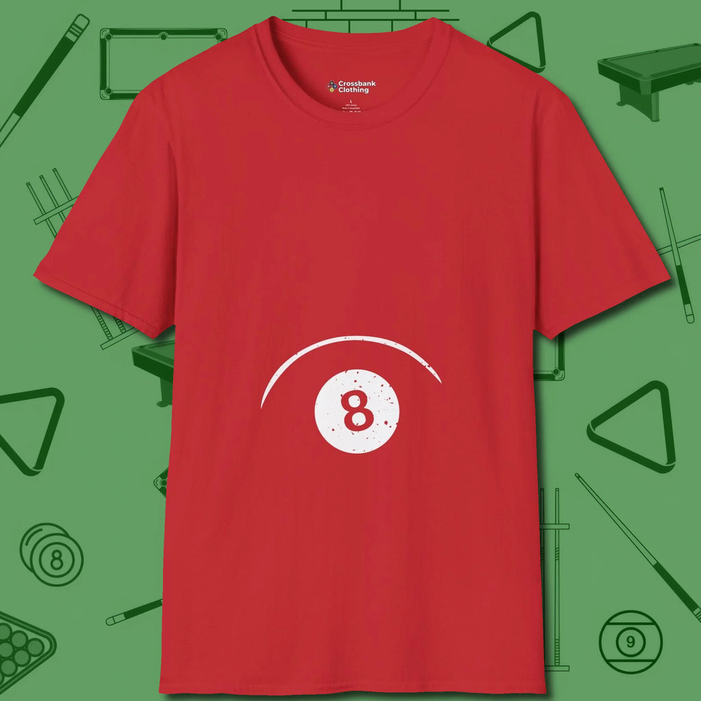 Eight Ball Tummy T-Shirt, front view, in Red classic cue style, no gimmicks