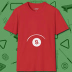 Eight Ball Tummy T-Shirt, front view, in Red classic cue style, no gimmicks